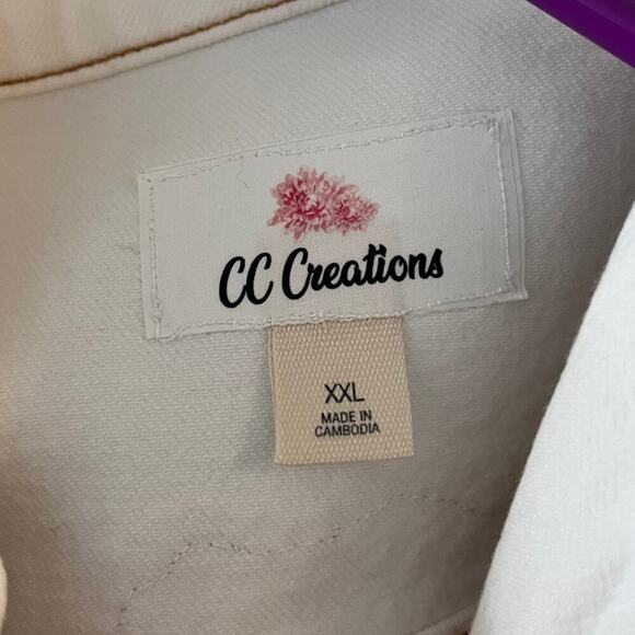 Upcycled Denim Jacket Embroidered Lace Open back beige Size XL/XXL Floral - Picture 3 of 9